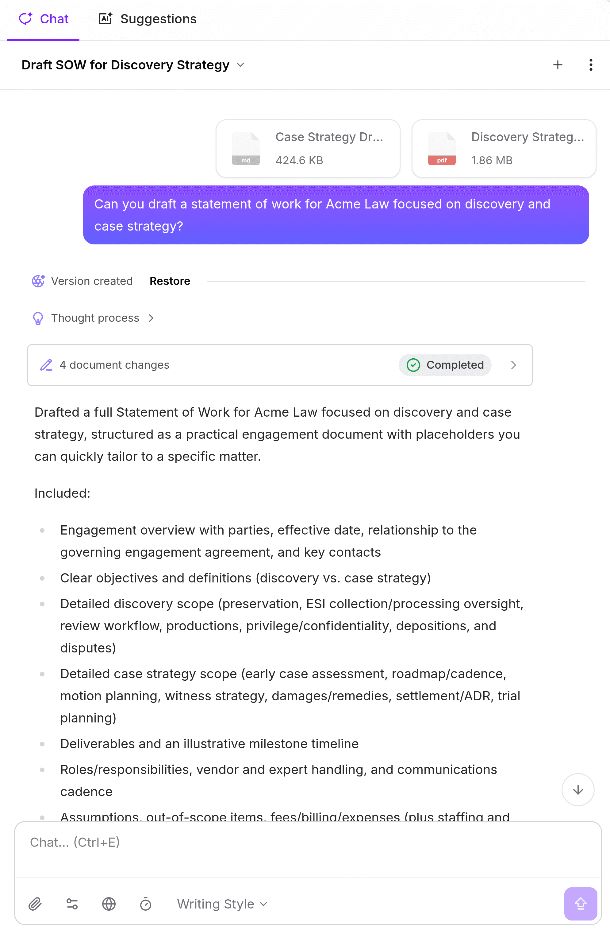 A document open in the Inkpad.ai editor with the AI copilot drafting changes in a side panel