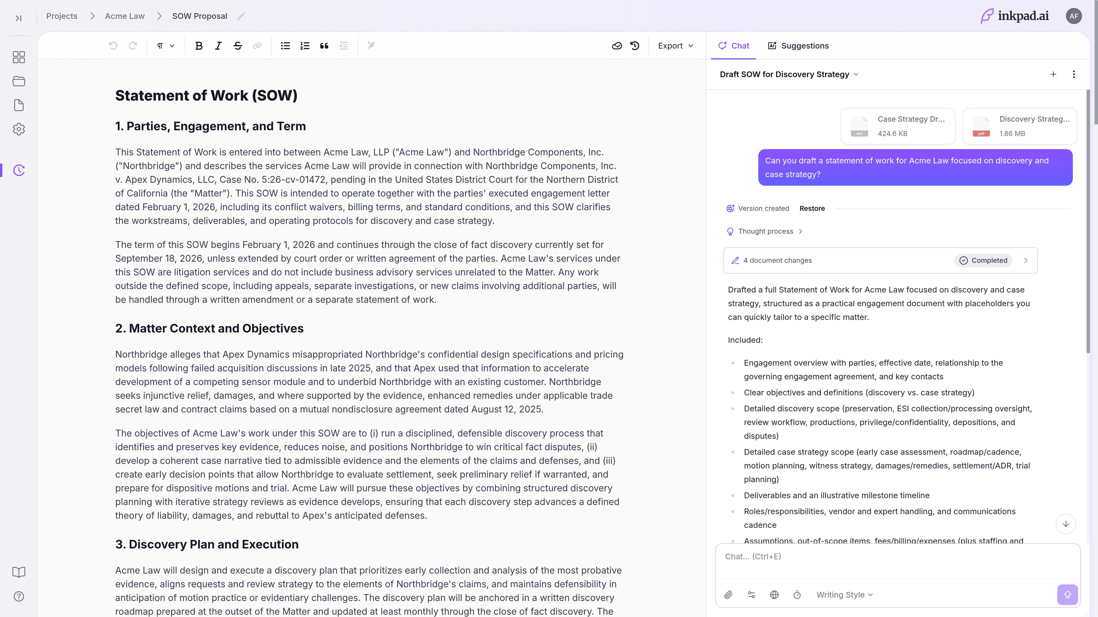 A document open in the Inkpad.ai editor with the AI copilot drafting changes in a side panel