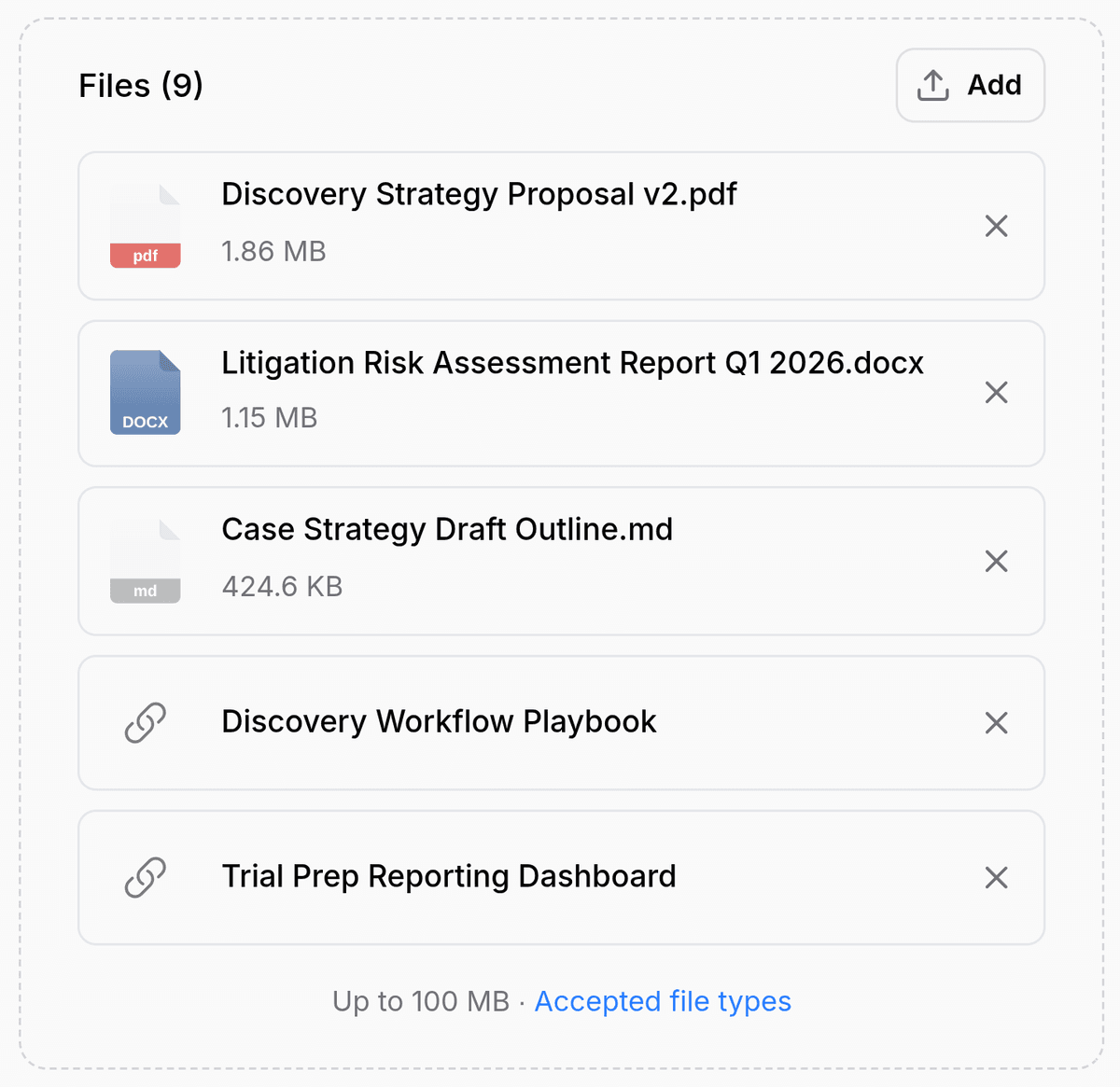 A project knowledge base in Inkpad.ai holding attached PDF, Word, and Markdown source files
