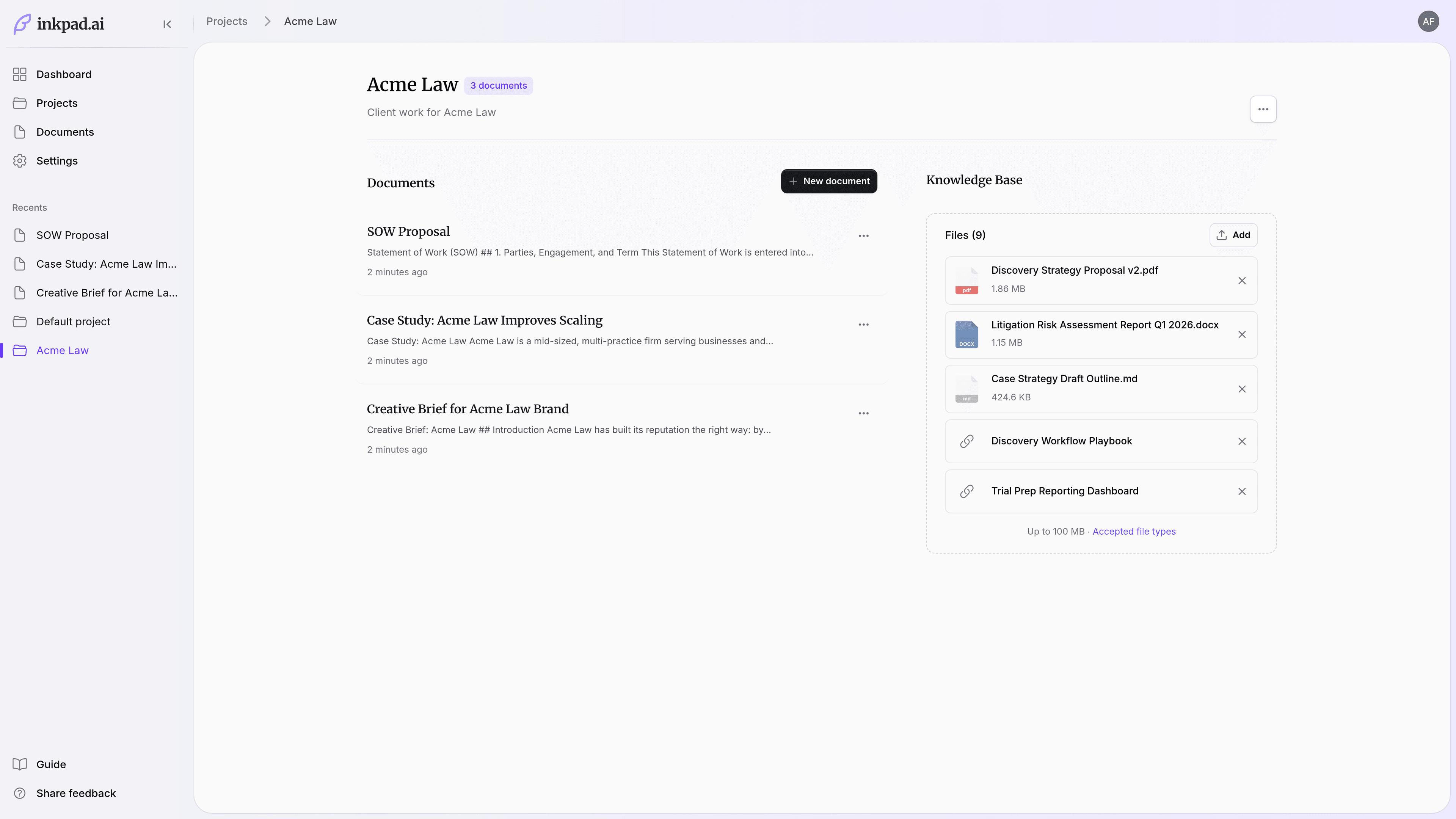 An Inkpad.ai project showing its document list beside a knowledge base of attached source files