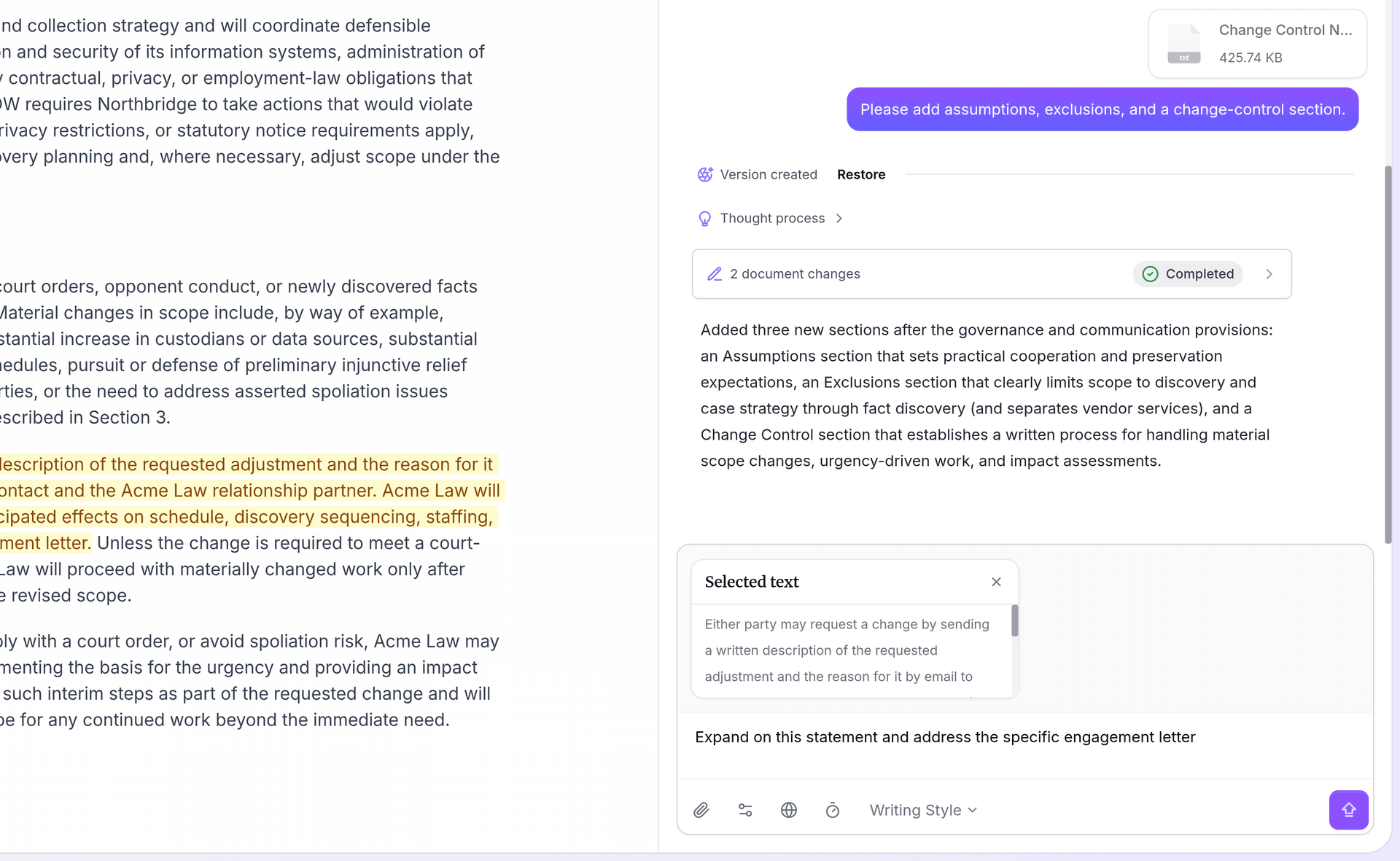 Inkpad.ai applying a section-level Deep Edit to a selected passage, leaving the rest of the document untouched